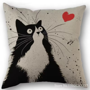 Schattige Zwarte Kat Kussensloop – Katoen & Linnen Decoratie
