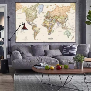 150x100 cm Retro Wereldkaart – Gedetailleerde Kaart op Non-woven Canvas