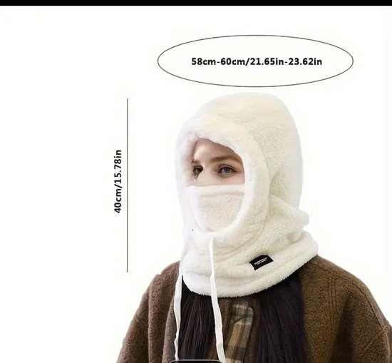 Dikke Winter Pluche Maskerhoed – Lichtgewicht, Warm en Comfortabel – Met Elastische Trekkoordsluiting – Geschikt voor Fietsen, Skiën en Buitensporten – Verkrijgbaar in Wit - Afbeelding 2