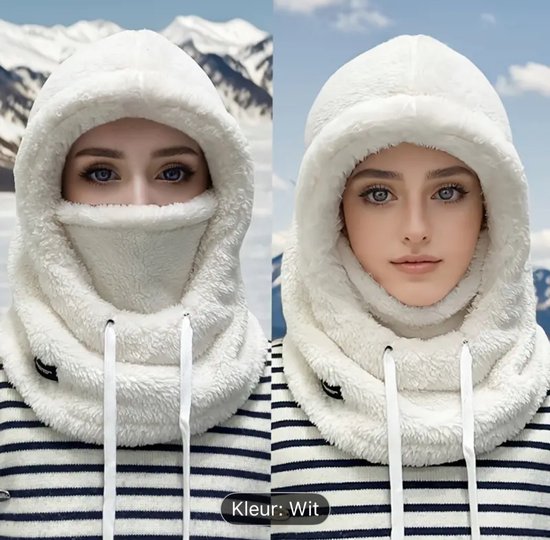 Dikke Winter Pluche Maskerhoed – Lichtgewicht, Warm en Comfortabel – Met Elastische Trekkoordsluiting – Geschikt voor Fietsen, Skiën en Buitensporten – Verkrijgbaar in Wit