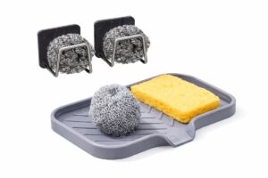 2 Stuks Keuken Opbergrek voor Scrubber, Borstel & Spons Siliconen Gootsteen Dienblad met Afvoer – 1 Stuk Zeep & Spons Houder – Aanrecht Organizer