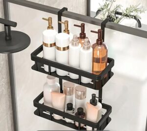 Elegant Zwart Smeedijzeren Douche Caddy – 2 Lagen – Hangend Douche Rek – Verstelbare Badkamer Organizer – Ruimtebesparend & Stevig – Moderne Bad Organisatie