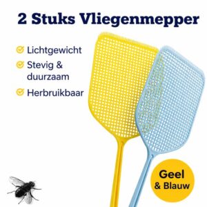 2 Stuks Vliegenmepper – Kunststof Vliegenvanger – Lichtgewicht & Stevig – Herbruikbaar – Ideaal voor Binnen & Buiten – Geel & Blauw