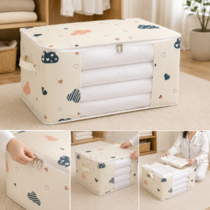 Opbergtas Kleding & Beddengoed – 55×35×25 cm – Grote Capaciteit – Met Versterkt Handvat & Stevige Rits – Vouwbaar – Ademend Materiaal – Wolkjes/Hartjes Print
