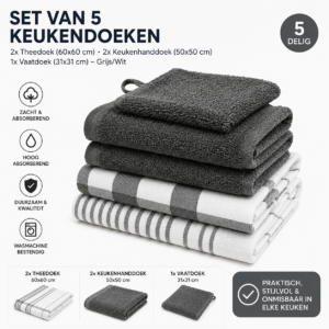Set van 5 Keukendoeken – 2x Theedoek (60x60 cm), 2x Keukenhanddoek (50x50 cm), 1x Vaatdoek (31x31 cm) – Grijs/Wit